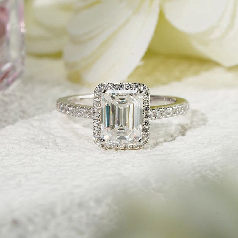 

Fashion Jewelry S925 Sterling Silver 6×8mm Octagon Emerald Cut Moissanite Halo Wedding Engagement Ring