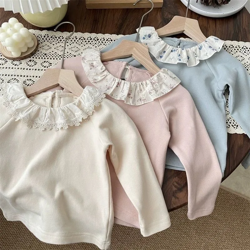 

Girls' Spring Autumn Long Sleeve T-Shirt Lace Flower Ruffle Collar Bottom Shirt Kids Sweet Princess Soft Cotton Tee Daily Wear