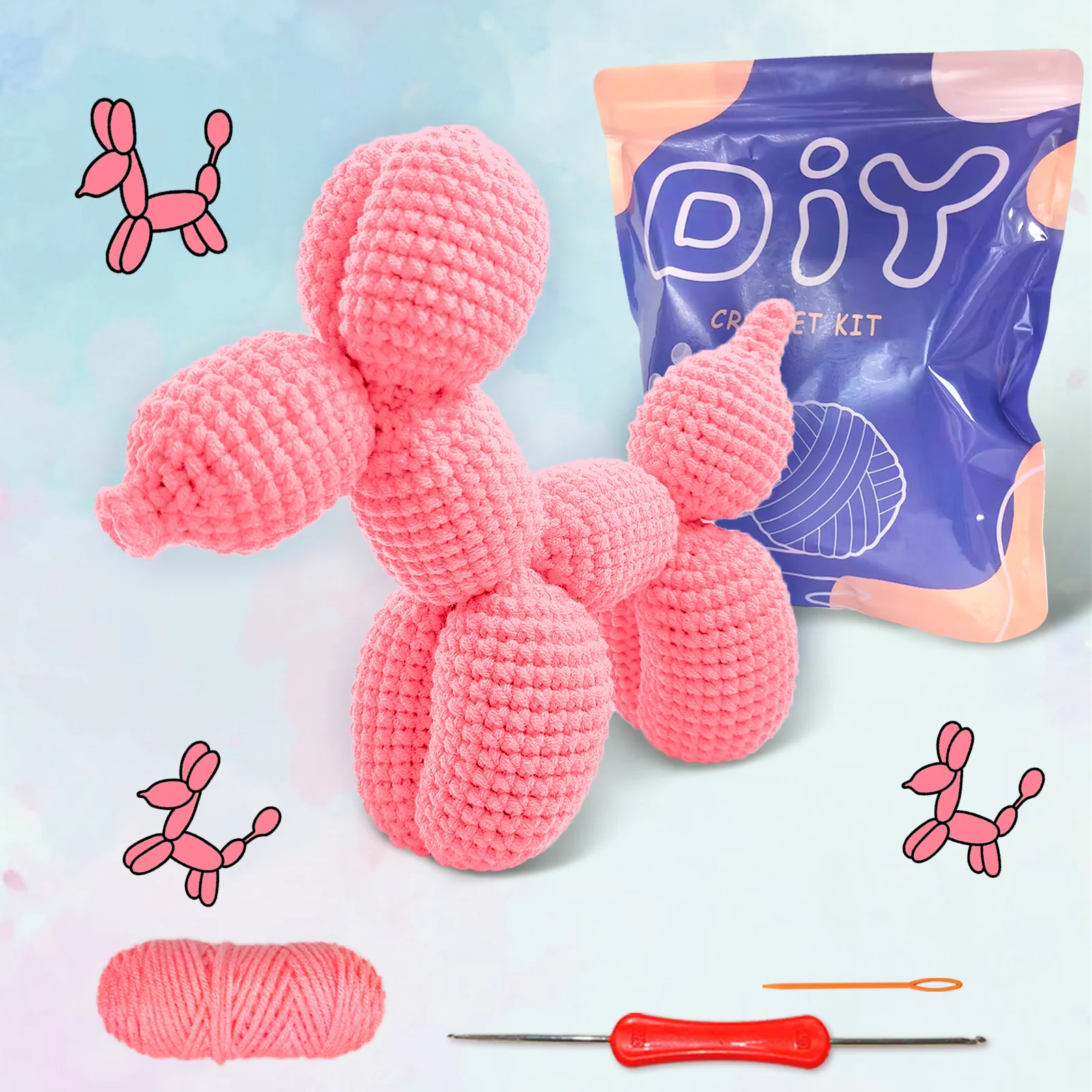 Balloon Dog Family Crochet Kit for Beginners- Crochet White Pink Blue Orange Easy Learn to Starter Amigurumi Knitting Kit