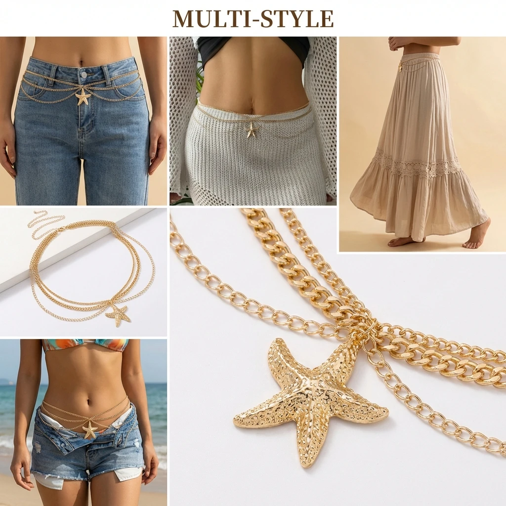 Modische, sexy goldfarbene Seestern-Taillenkette für Damen, mehrlagige Sommer-Strand-Körperkette, Schmuck-Accessoires – Detail 3