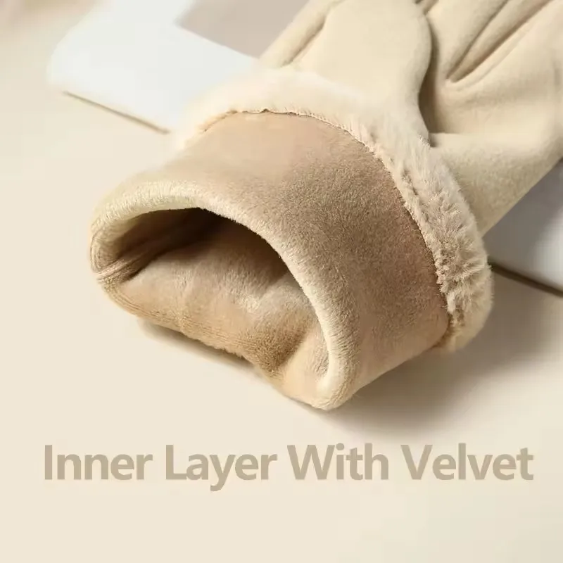 Korean Winter Warm Velvet Gloves Women's Versatile Velvet Inner Lining Windproof Elegant Gloves for Outdoor Travel Skiing Gloves