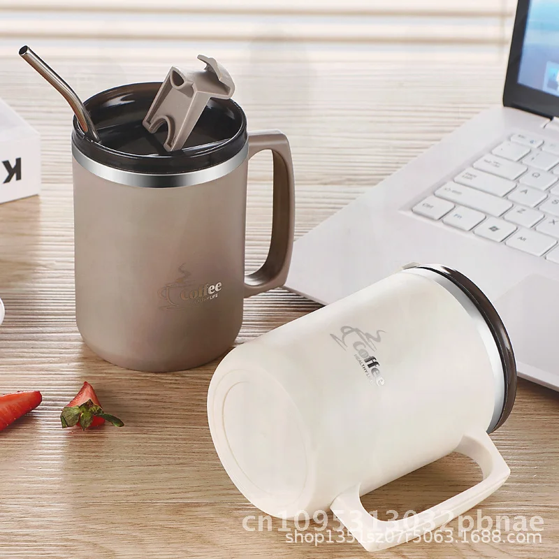 

Двухслойная кружка из нержавеющей стали 304 с крышкой и соломинкой - емкостью 401-500 мл, шикарная чашка для воды, кофе, питья для дома