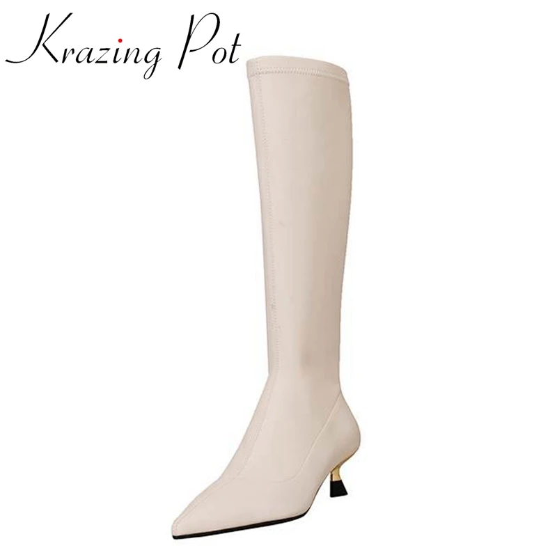 

Krazing Pot Microfiber Pointed Toe Med Heels Stretch Long Boots Stovepipe Large Size Artsy Fashion Style Zipper Thigh High Boots
