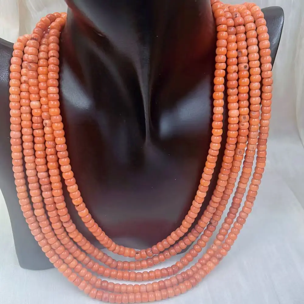 

4x6mm 5-Strand Vintage Column Drum Natural Sea Bamboo Women Jewelry Short Collar Orange Coral Necklace 18-20inch