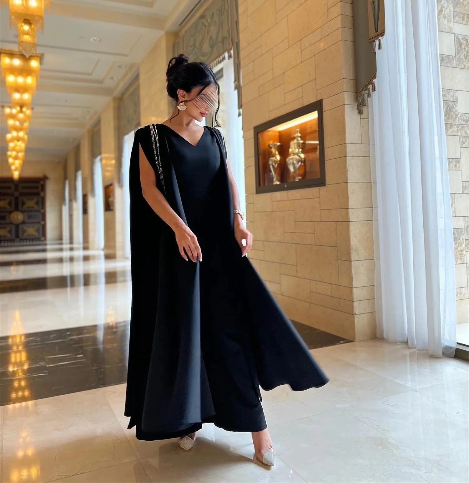 

Черное длинное платье с v-образным вырезом на заказ Вечерние платья Pastrol Унисекс Джерси Ретро Дубай Саудовская Аравия Израиль Пром по индивидуальному заказу