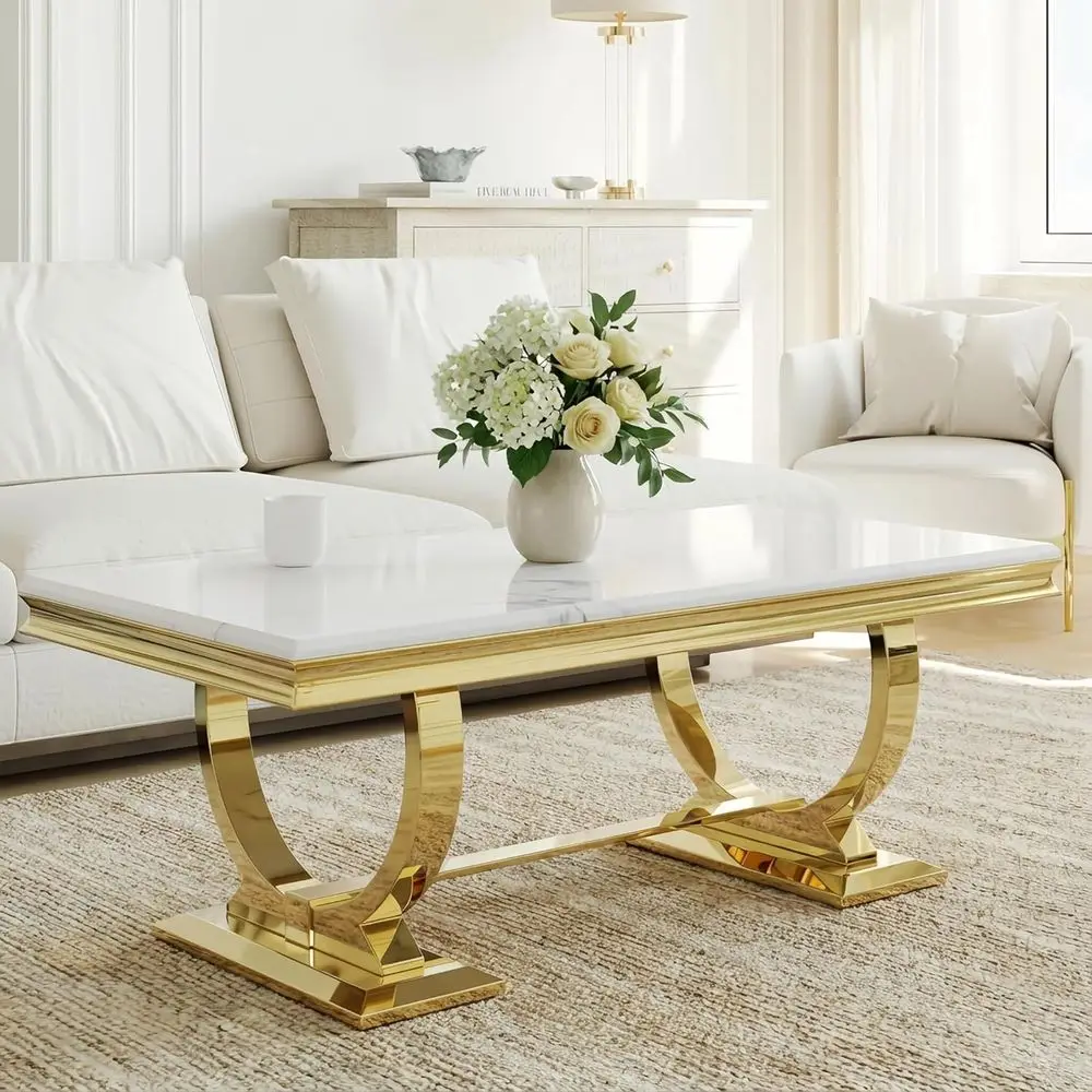

Elegant Gold and White Marble Coffee Table for Luxury Living and Hall Rooms