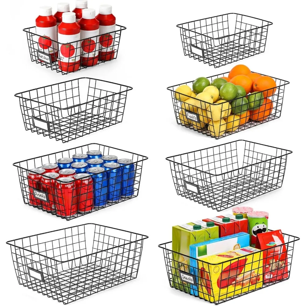 

8-Piece Extra Large Wire Storage Baskets with Labels for Kitchen, Pantry, Garage Organizing - Black