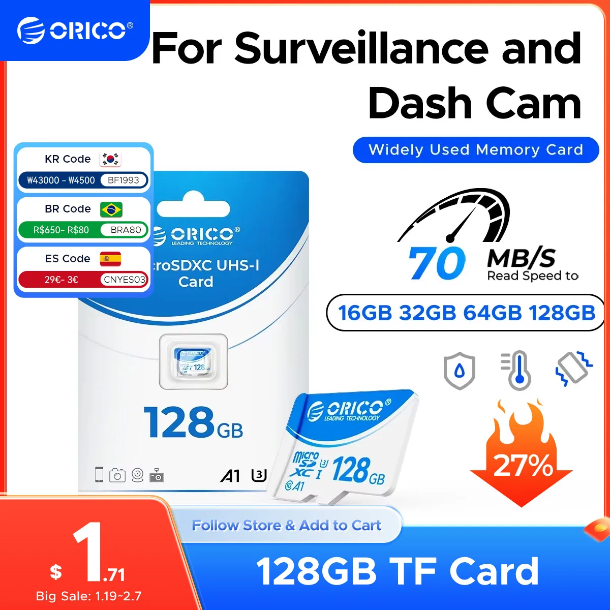 ORICO Micro SD Card TF Memory Card 16GB 32GB 64GB 128GB A1 U3 Class10 V10 for Camera/Drone/Dash Cam