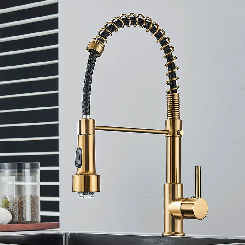 Kitchen Faucet Brushed Gold LED Light Pull-down spring Kitchen Sink Tap Hot Cold Water Mixer Single Handle Swivel Spout Crane