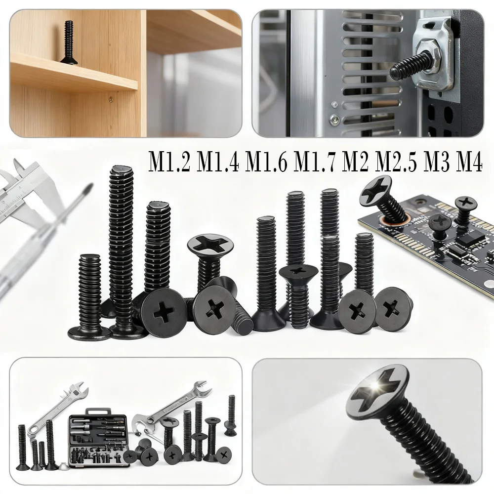 

25/50/100pcs M1.2 M1.4 M1.6 M1.7 M2 M2.5 M3 M4 Mini Small Black Carbon Steel Cross Phillips Flat Head Countersunk Head Screw
