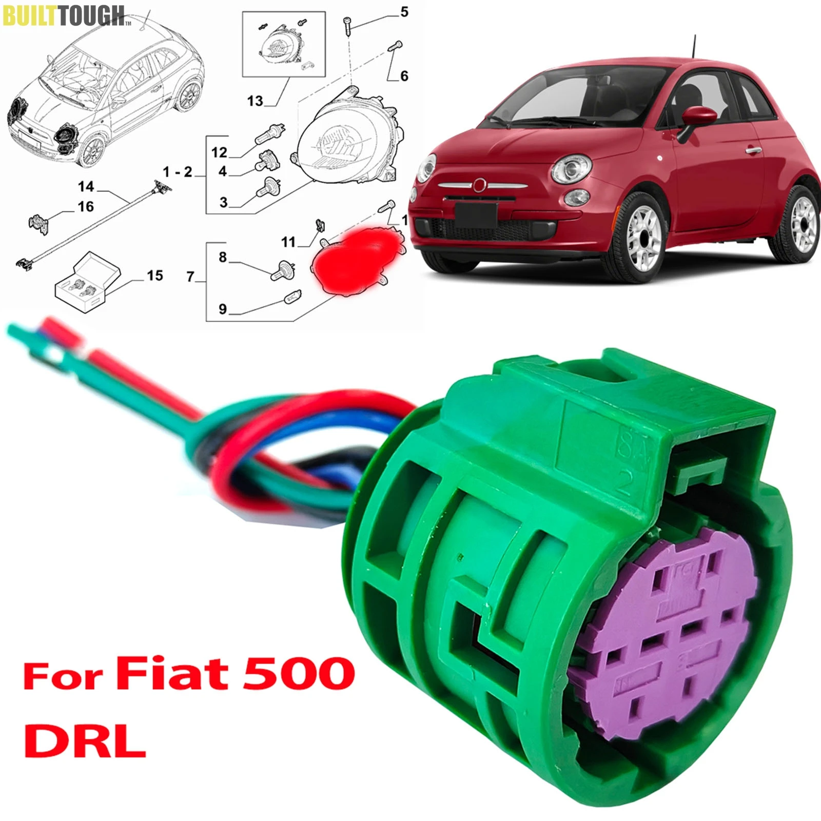 For Fiat 500 Abarth 595 2007 - 2025 DRL Day Time Running Light Lamp Connector Plug Harness 2024 2023 2022 2021 2020 2019 2018