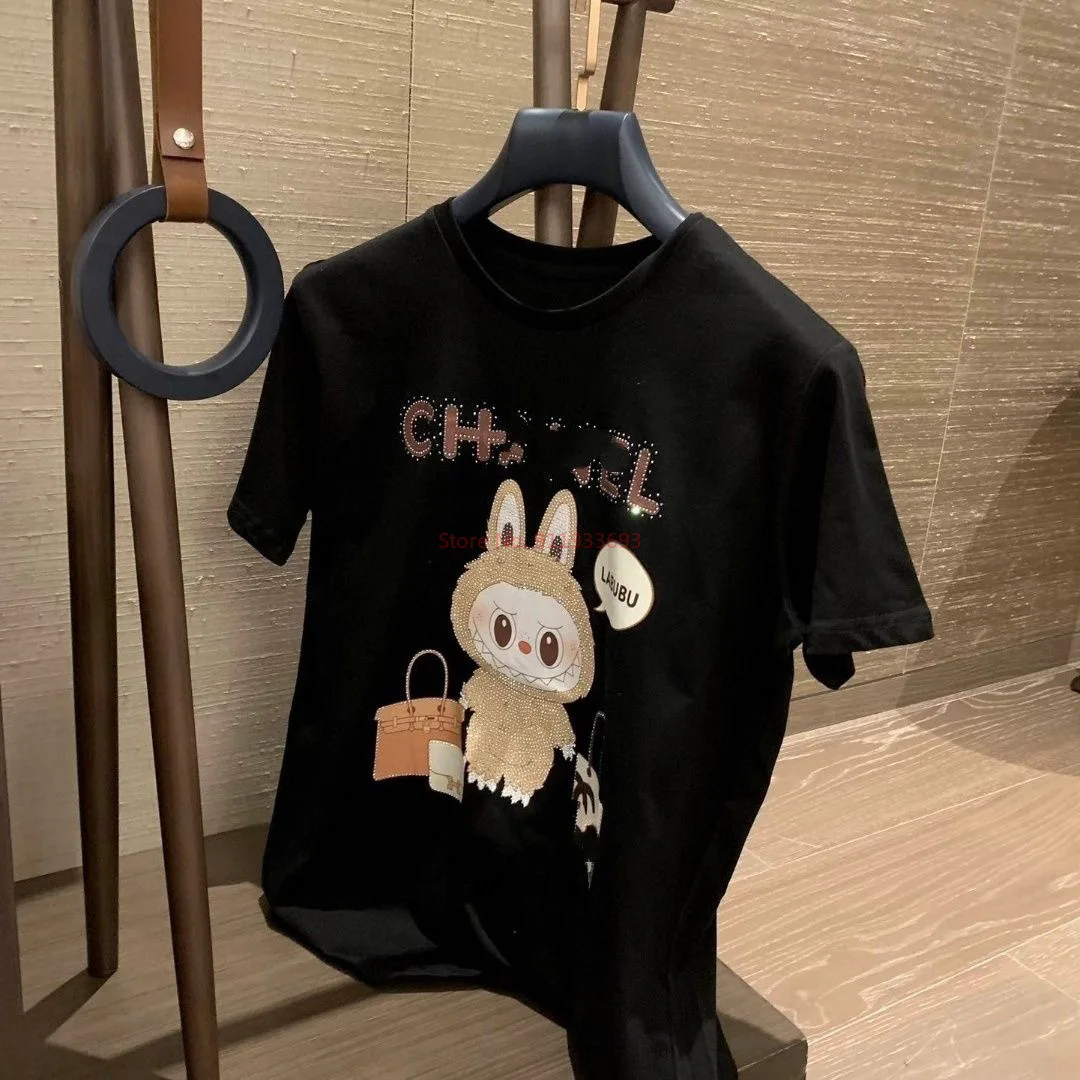 Large Hot Diamond New Labubu T-Shirt Lazy Wind Short Sleeve Cartoon Cute Creative High-Value Couple Jacket Trend Shirt Gift Toy