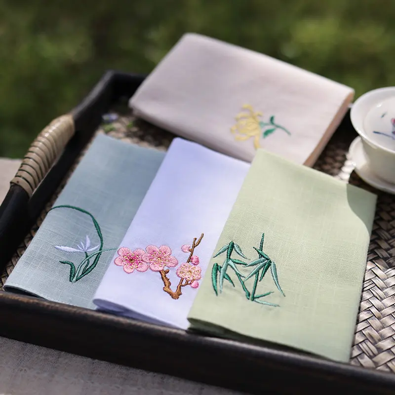 Chinese Embroidered Plum Orchid Bamboo Chrysanthemum Soft Pure Cotton Handkerchief Auspicious Lucky Sweat Absorbent Unisex Gift
