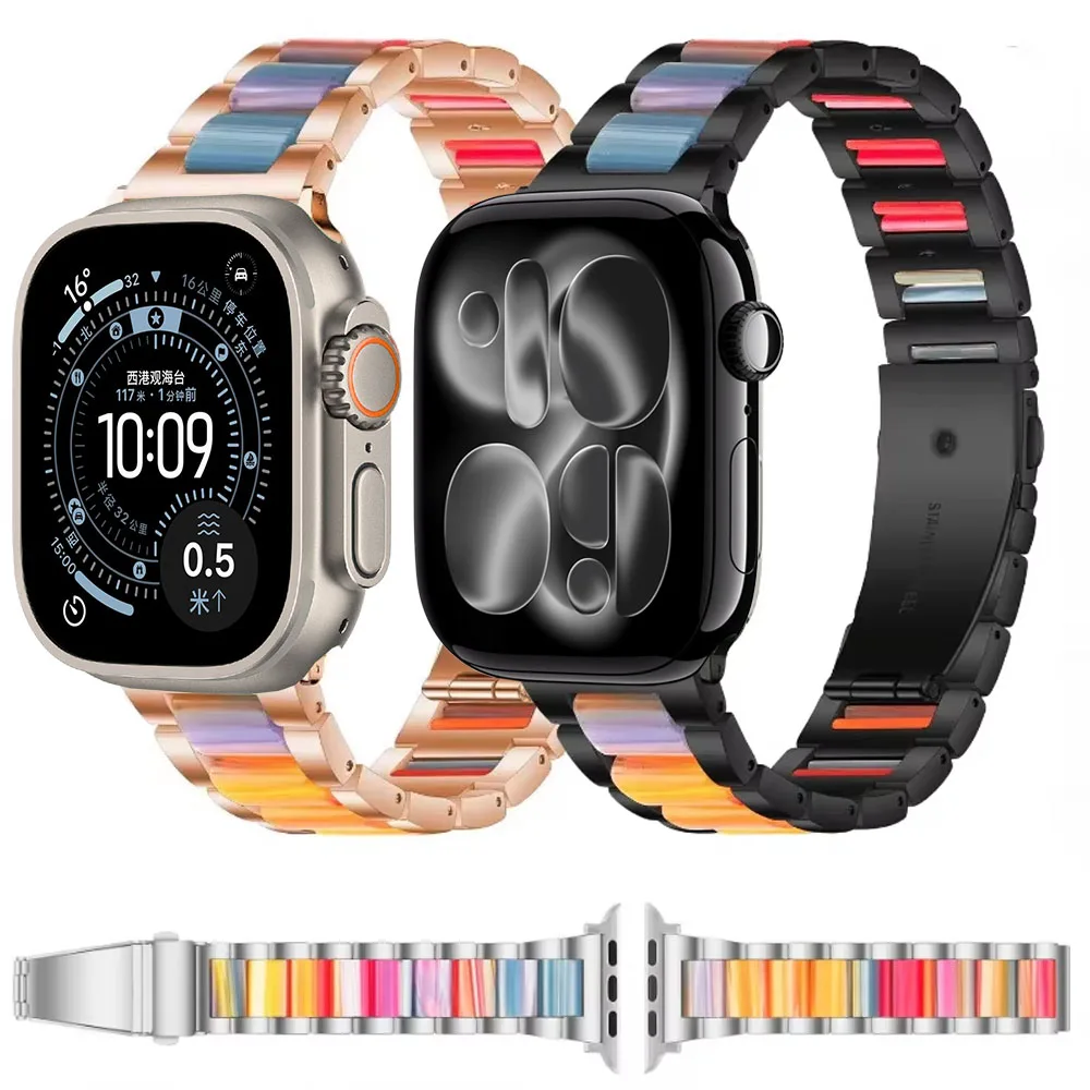 

Metal+Resin Strap for Apple Watch Ultra 3 11 10 9 8 7 46mm 45mm 41mm Luxury Stainless Steel Band IWatch 6 5 4 SE 44mm 42mm 40mm