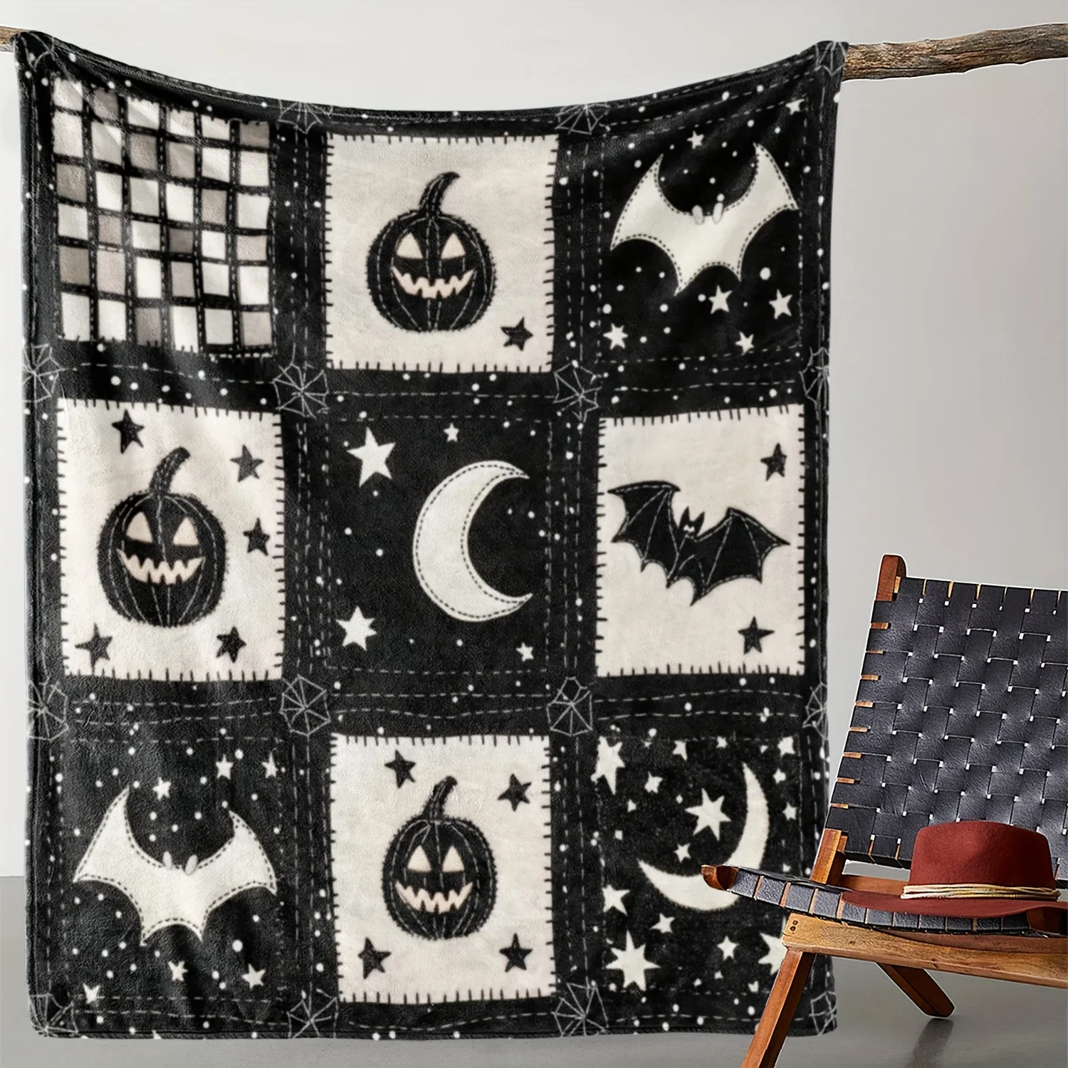 Cozy Flannel Halloween Throw with Pumpkin  Bat Design  Soft Warm Blanket for Home Travel Office and Camping