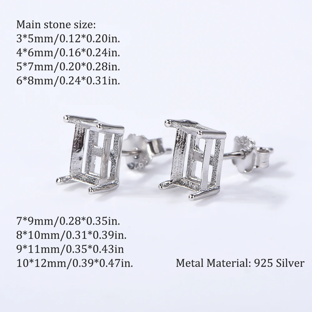 Multi-size Simple Four-Prong Rectangular Earring Settings, Minimalist Style Earring Base Frames, S925 Sterling Silver Material