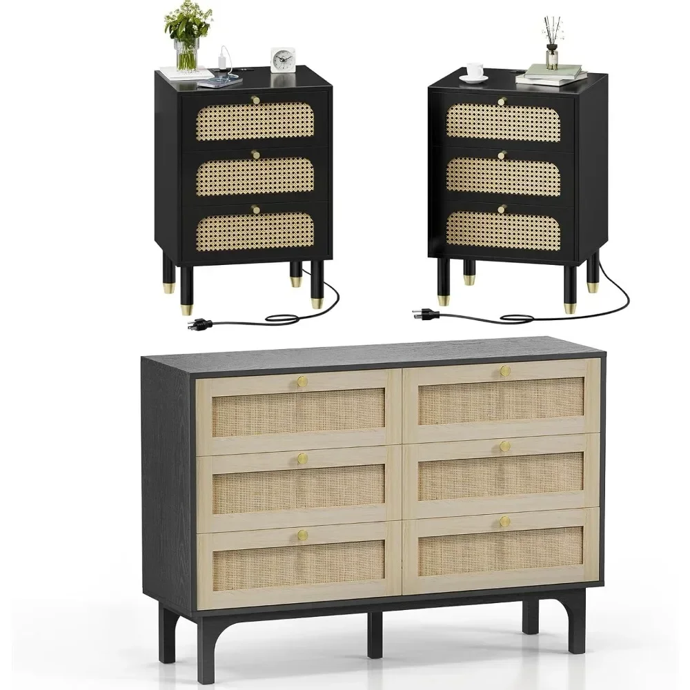 Rattan Dresser and Nightstands Sets 3 Piece (Black)