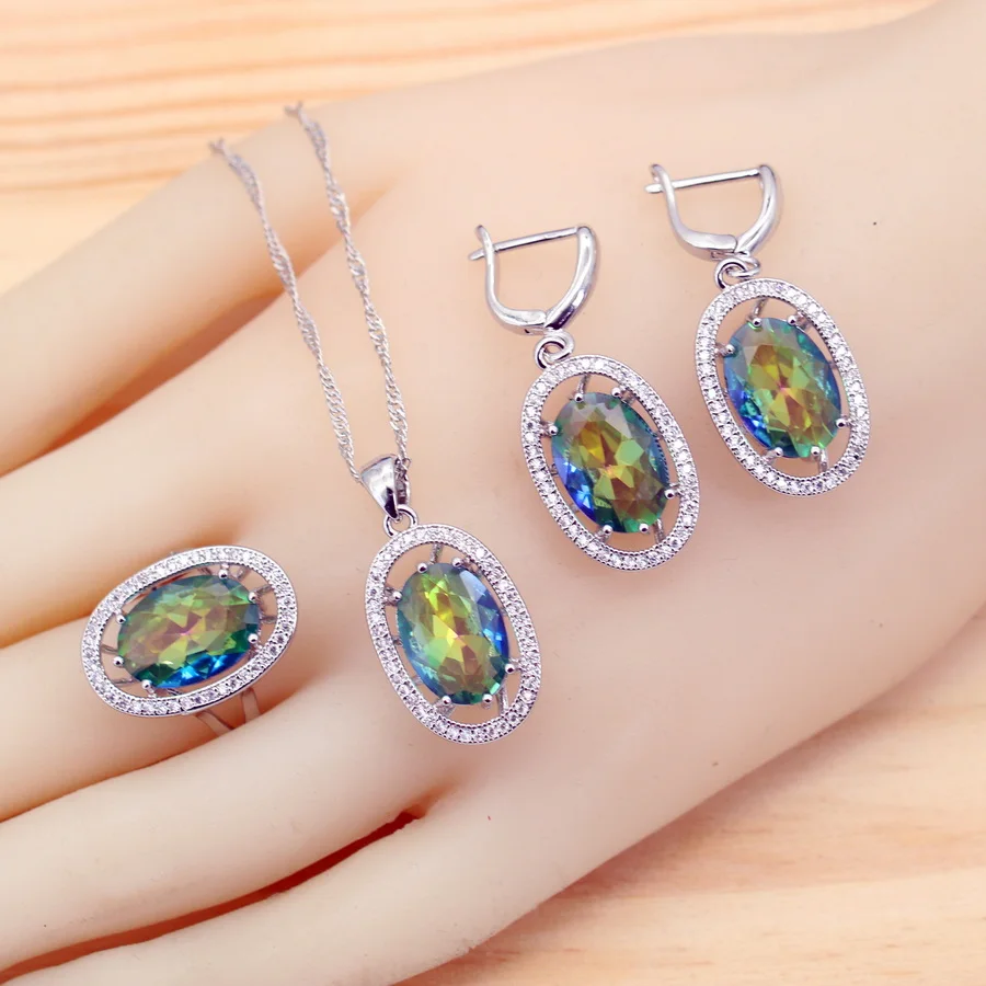 Classic Rainbow  Multicolor Zirconia Silver Color Jewelry Sets for Women Earrings Necklace Ring Wedding Gift