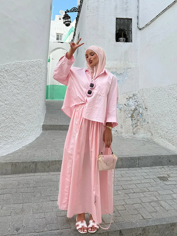 Casual Women's Loose Shirts Skirts Suit Long Sleeve A-Line Skirt Solid Lady Sets 2025 Summer Fall Fashion 2 Pieces Set Women New