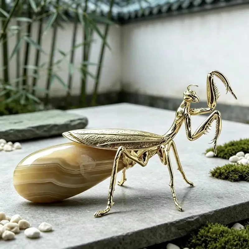 1 PCS Chinese Style Golden Mantis Tea Pet Metal Insect Ornament Exquisite Desktop Decor Study Collection
