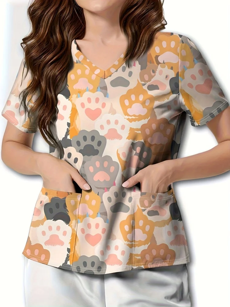 مضحك الكلب والقط طباعة الزي الجراحي امرأة مايكرو مطاطا الخامس الرقبة المرأة فرك قصيرة الأكمام التصحيح جيب الزي السريري