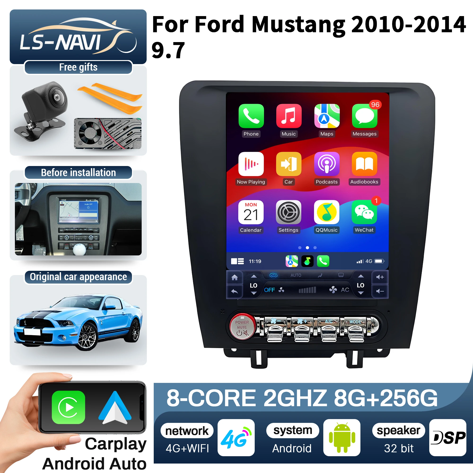 9.7 inch Car Radio Android 14  For Ford Mustang 2010-2014 4G GPS Head Unit Wireless Bluetooth CarPlay Touch Screen Stereo System