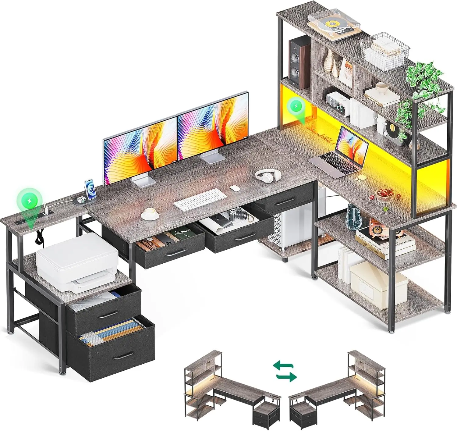 

Shaped Desk with File Drawers, Reversible L Shaped Gaming Desk with Power Outlets & LED Lights, Computer Desk