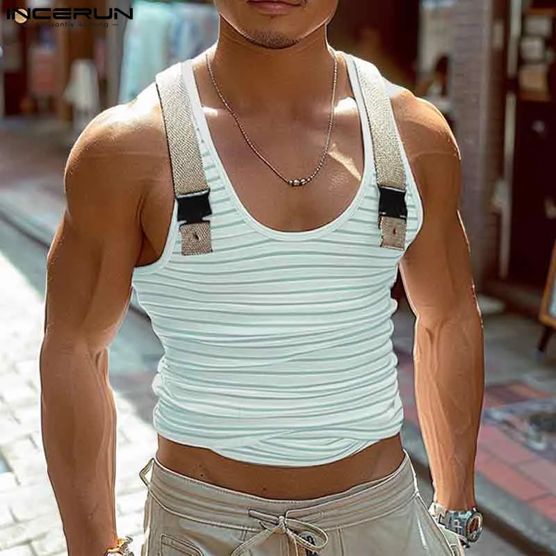 Incerun Männer Tanktops gestreifte Patchwork O-Ausschnitt ärmellose lässige männliche Westen Streetwear 2024 Sommer Fitness Mode Männer Kleidung