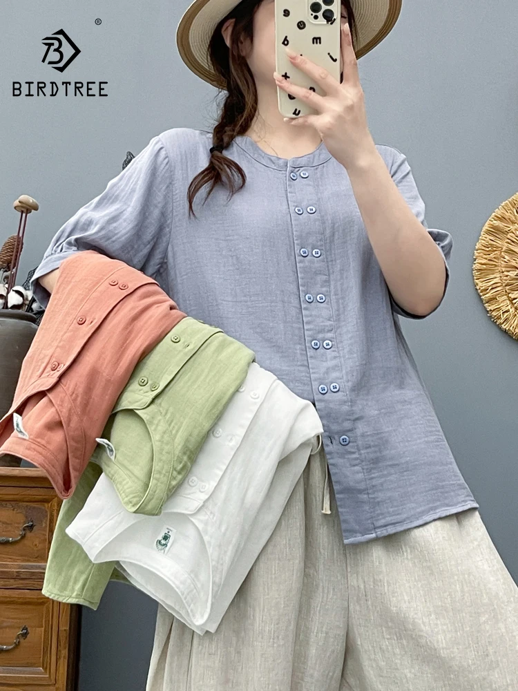 

New 2026 Summer Women Cotton Yarn Half Sleeve Shirt, Stand Double-breasted, Mori Girl Preppy Style Casual Loose Blouse T64052CC