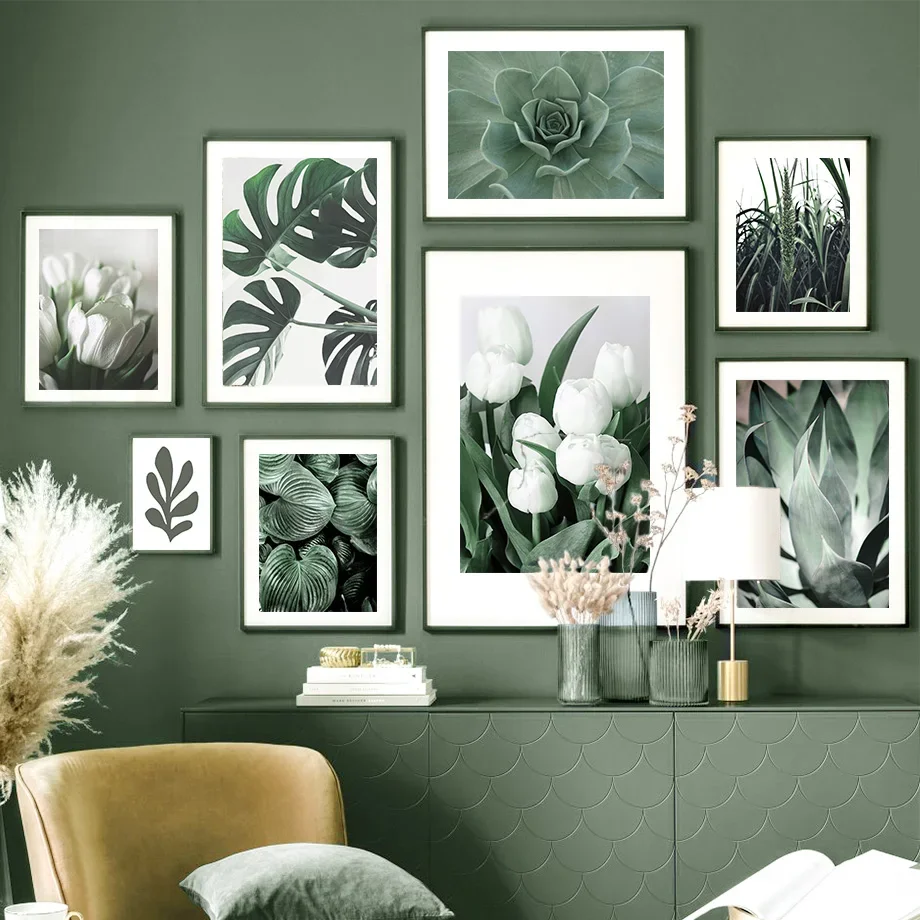 

Tulip Monstera Reed Abstract Green Plants Wall Art Canvas Painting Nordic Posters And Prints Wall Pictures For Living Room Decor