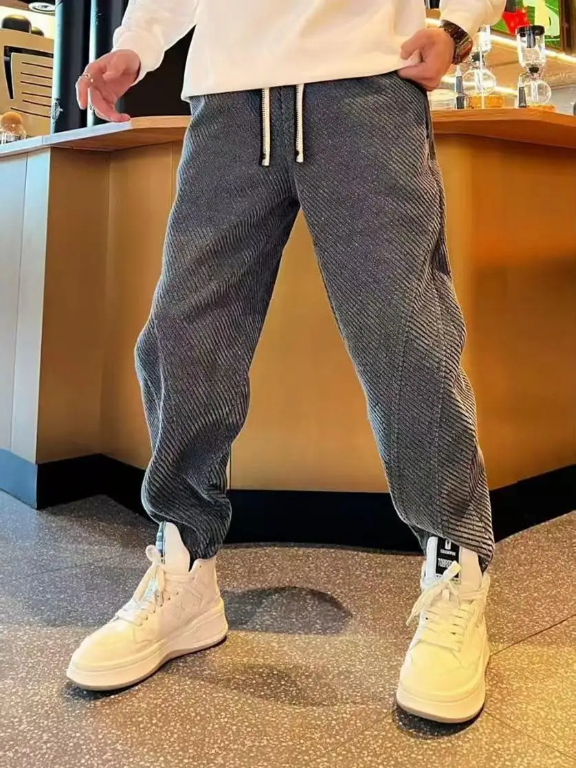

Men's Winter Thiened Fce Casual Pants Striped Design Versatile Trendy Loose Fit Youthful Sle Couple's Sle Cuffed Swe...