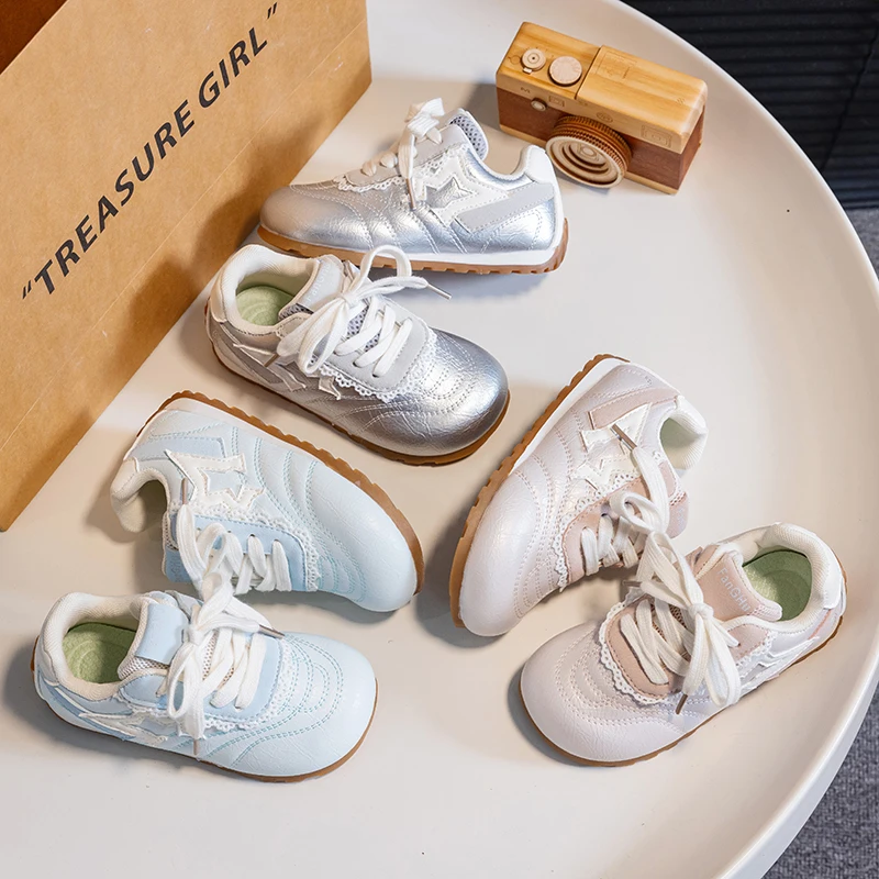 Kids' Casual Shoes PU Soft Leather Comfortable Flats Shoes For Children Soft Bottom Anti-slip Blue Silver Shoes Size 23-36