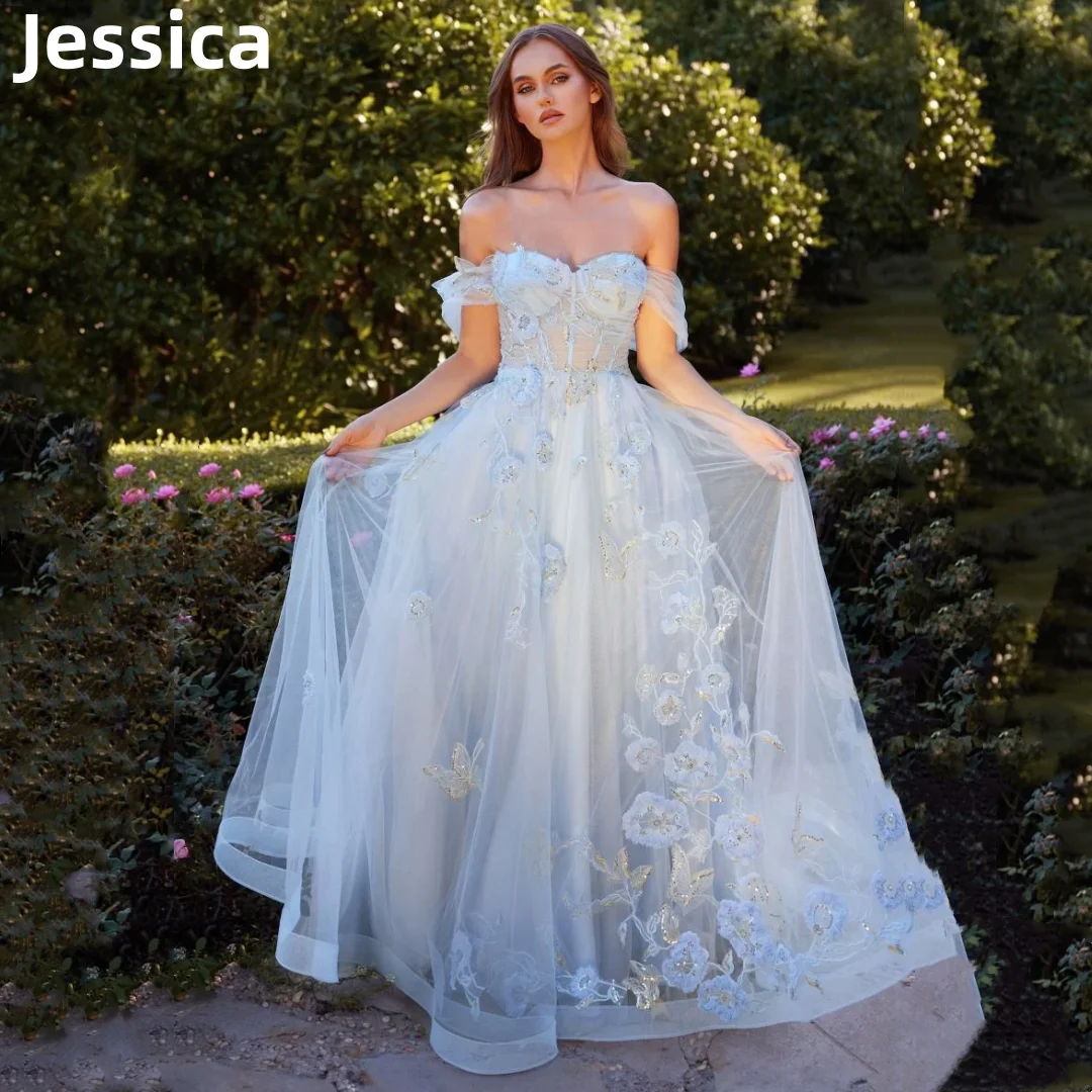 

Jessica Lace Embroidery Flowers Prom Dresses Gauze Luxury Light Blue Evening Dresses Graduate Party Dresses 2024فساتين سهرة