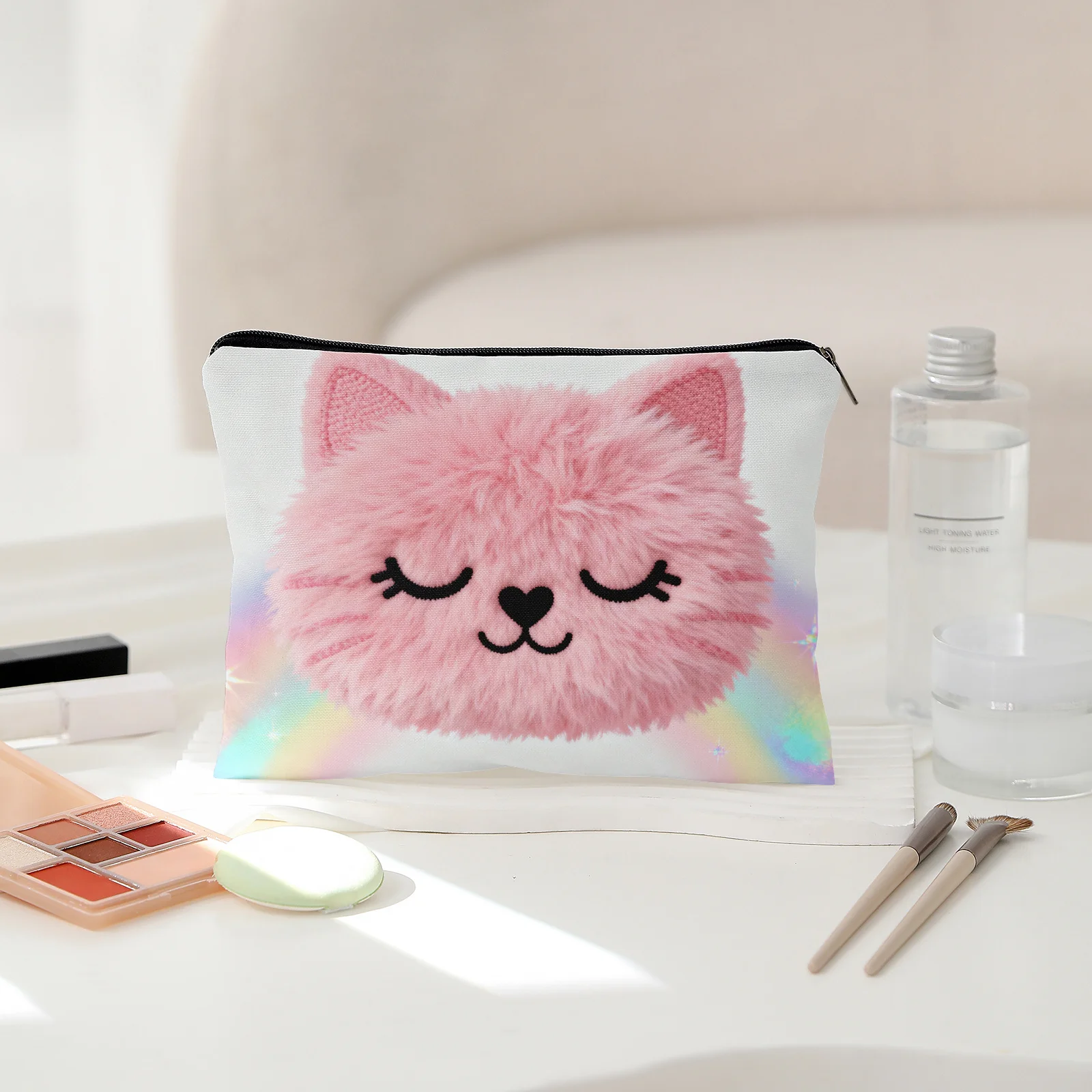 1 Piece of Cute Cat Makeup Bag with Closed Eyes - Multifunctional Zipper Pouch for Women, Perfect Travel Zipper Storage Bag, Fun Birthday Gift