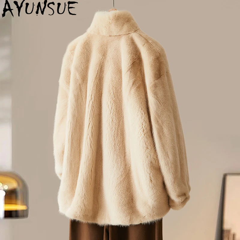 معطف فرو المنك الطبيعي من AYUNSUE ملابس حريمي معطف فرو حقيقي فاخر للنساء من المينك بالكامل جديد في معاطف الشتاء سترة شুবা Жénska