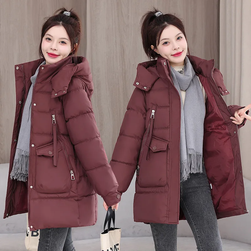 Jaket parka wanita lapis katun, jaket parka musim dingin, mantel bertudung panjang setengah, mantel berlapis kasual longgar wanita