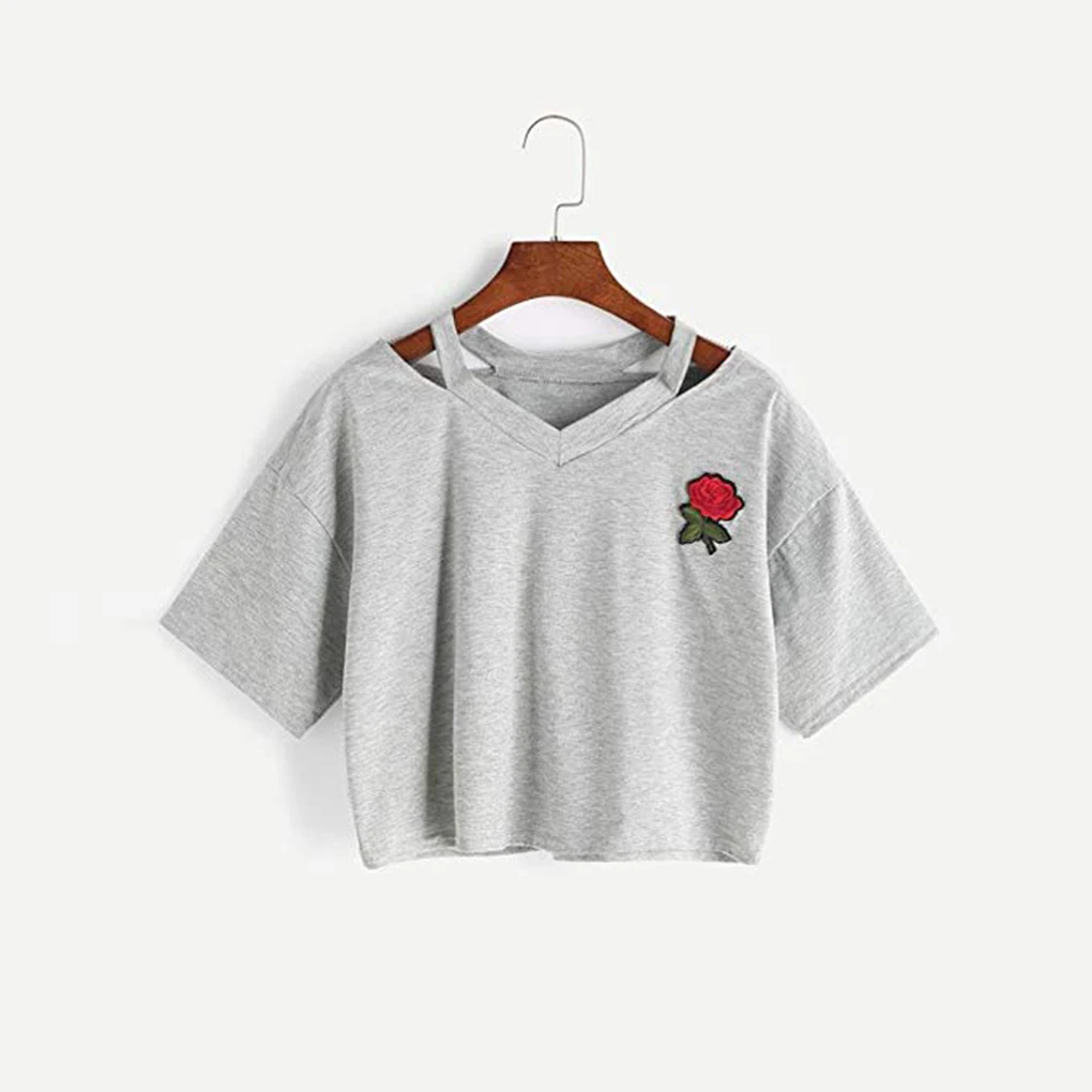 Frauen Sexy V-ausschnitt Gestickte Rose Kurze T-Shirt Damen Top Mädchen Bluse