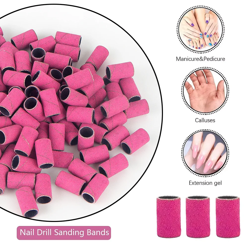 100Pcs Sanding Bands With 1Pcs Metal Shaft Set  Nail Drill Bits Foot Care Polishing Manicure Gel Polish Remover Tools Cutter