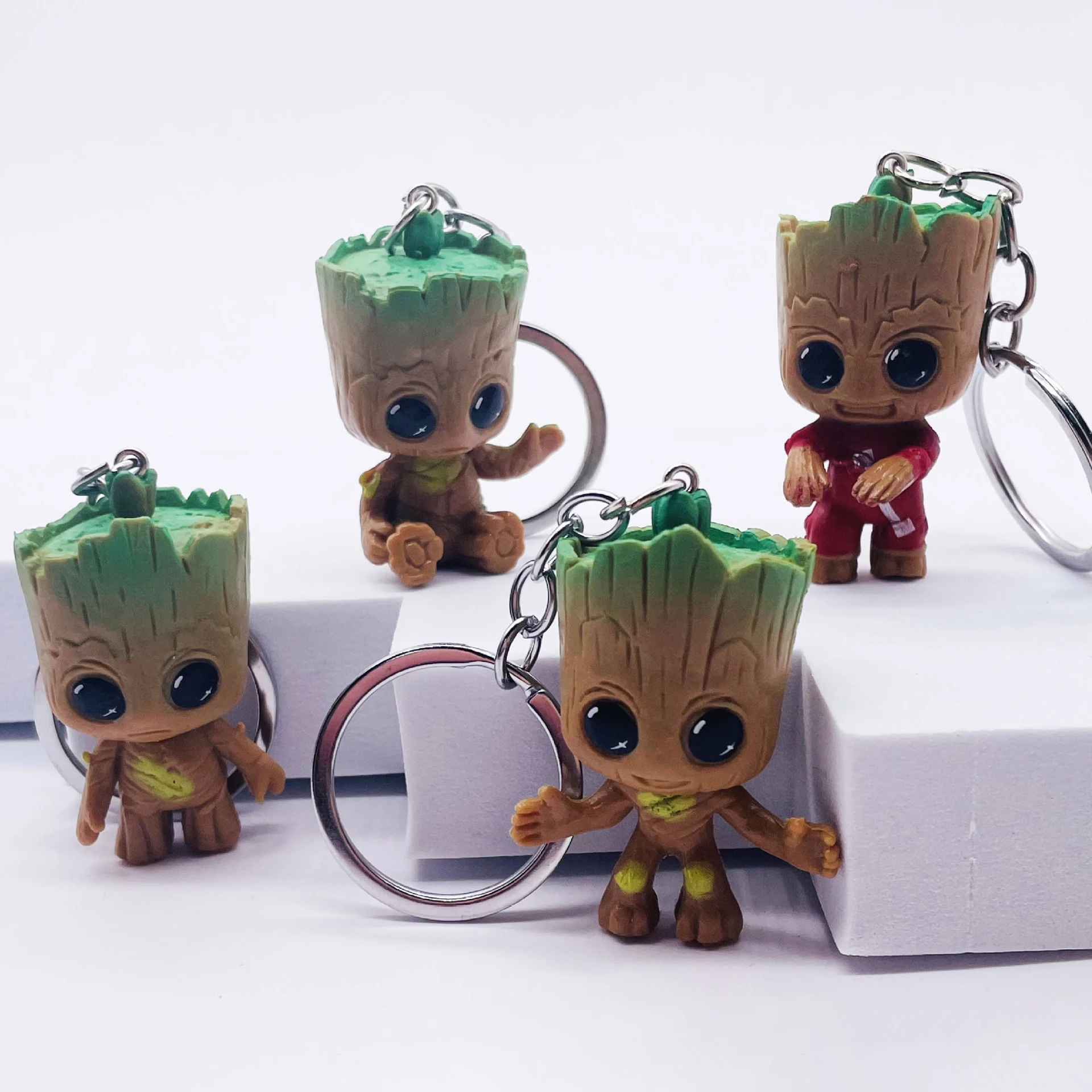 4PC Groot Keychain Set Anime Figure Key Ring Mini Home Decoration Collection Figurine Children Toy Miniature Model Crafts Gifts