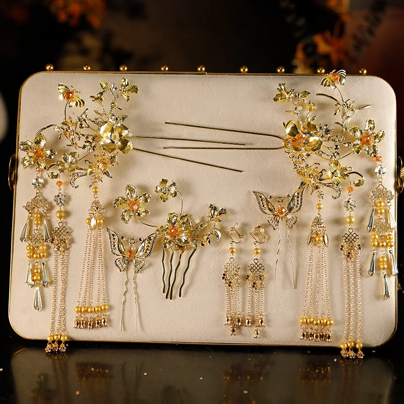 Golden Hairpin Hairpin Bridal Headdress New Chinese Xiuhe Cheongsam and Gown Han Chinese Clothing Hair Accessories Simple