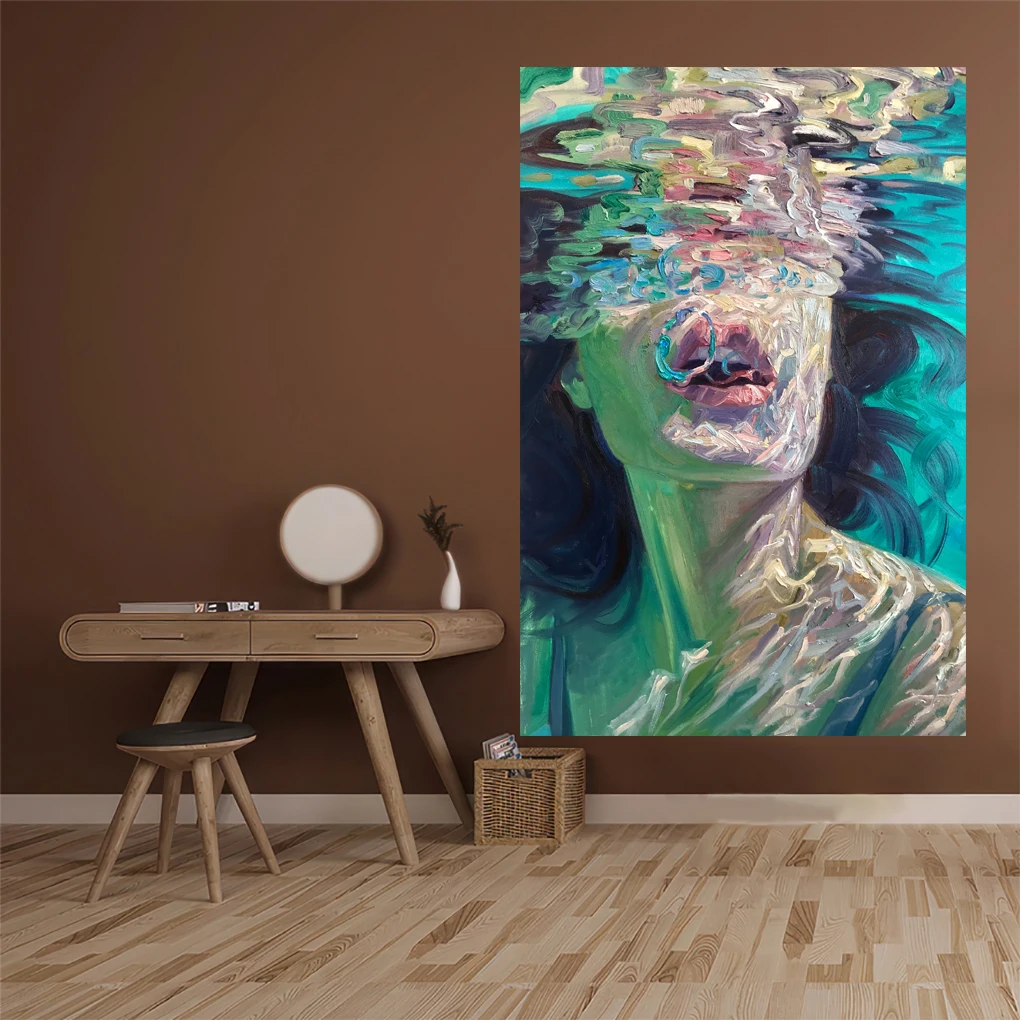 Summer Cool Oil Painting Printed Tapestry Underwater Girl Wall Hanging Carpets Bedroom Decoration Beach Blanket Dorm Background