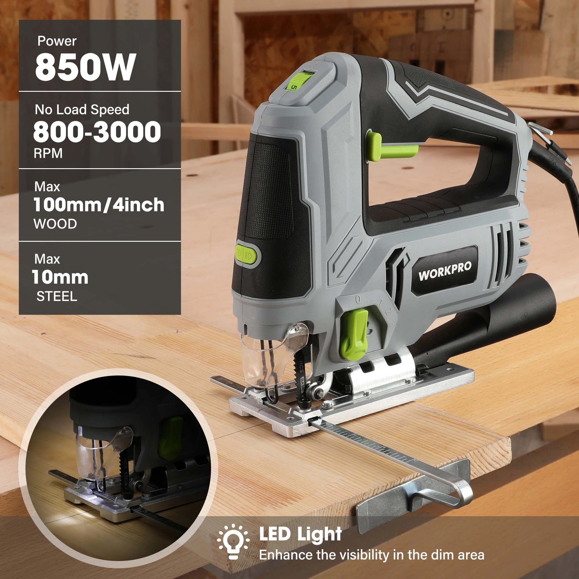 WORKPRO 850W Corded Jig Saw Portable Woodworking Power Tool Corded Electric Power Cutter for Wood Metal and Plastic