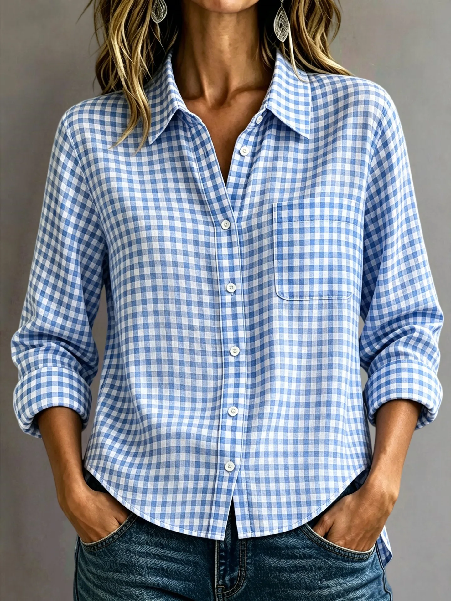 2026 Women’s New Fashion Versatile Reversible Collar Long-Sleeve Checkered Shirt – Trendy and Stylish for All Four Seasons in Eu