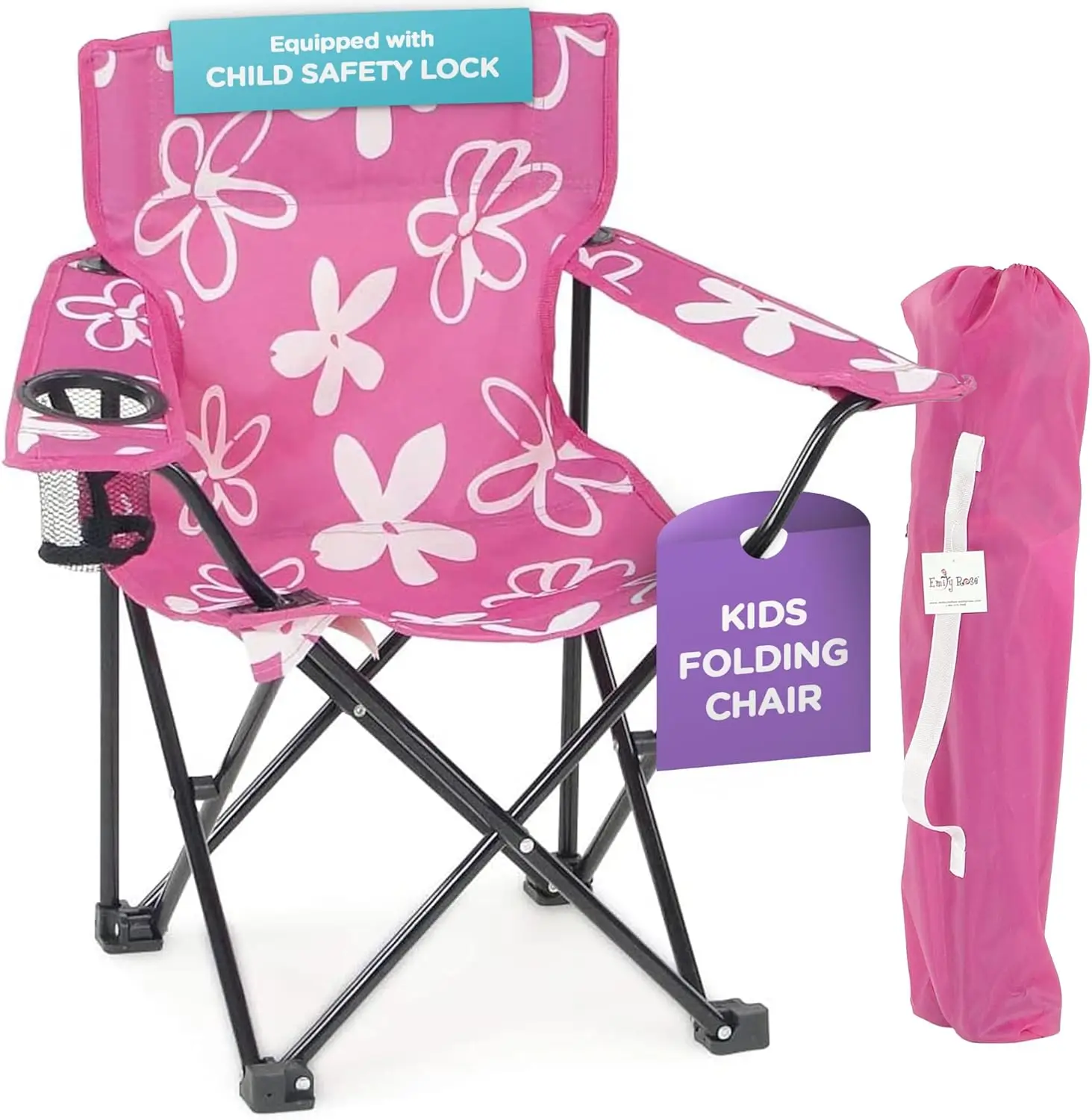 

Kids Pink Folding Beach Camp Chair with Cup Holder Safety Lock & Carry Case - Toddler Girls Chair Ages 2-7 Indoor Outdoor