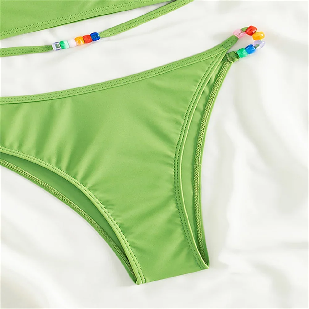 Сексуальный купальник-бандо, зеленый бикини, бисер, Y2K, купальник для отпуска, женский купальный костюм, пляжные стринги, комплект бикини, летняя одежда