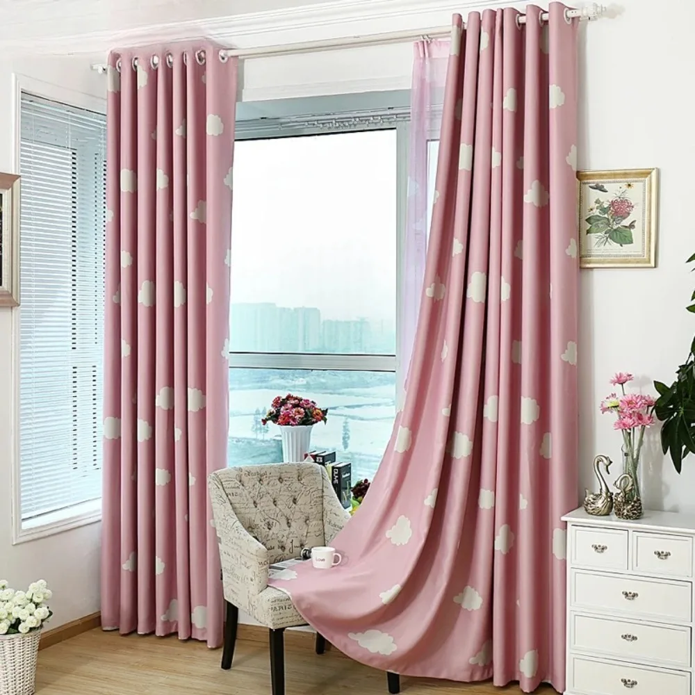 Korean Style Cartoon Children Blackout Curtains White Clouds Printed for Kids Bedroom Living Room Girl Room Window Drapes