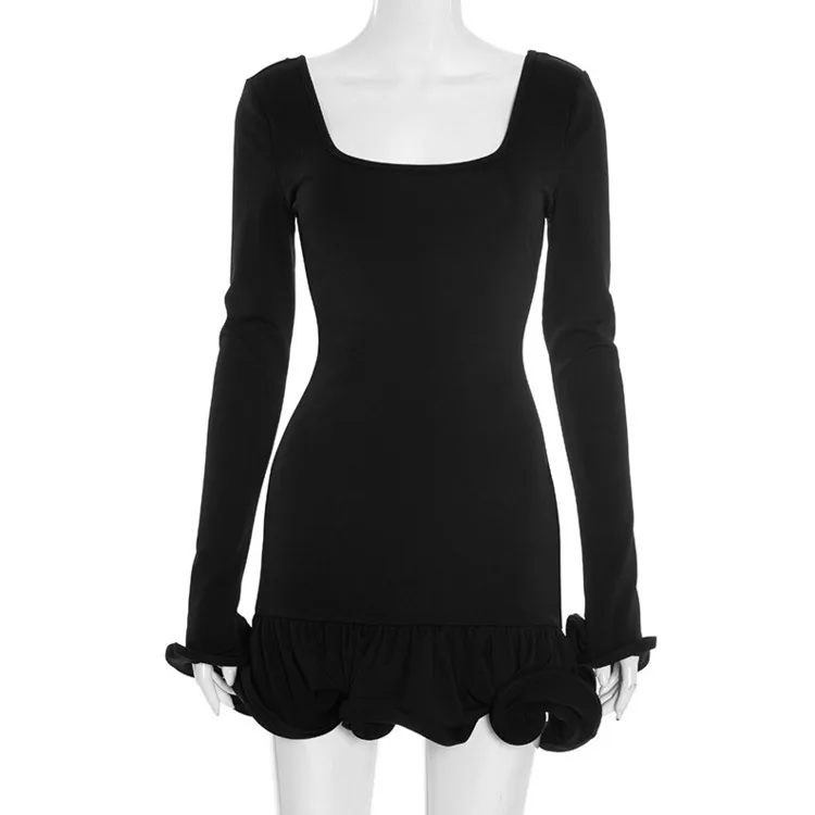 Blifanbo Fashion Square Neck Ruched Mini Dress Women Long Sleeve Sexy High Waist Solid Patchwork Female Dress Autumn Elegant New