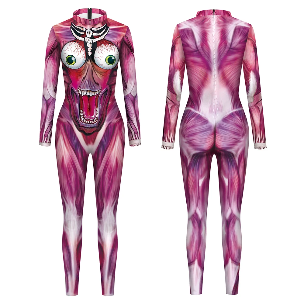 Fancy 3D Muscle Pattern Jumpsuit Women Long Sleeved Bodysuit Funny Halloween Cosplay Costume Zipper Carnival Adult Catsuit