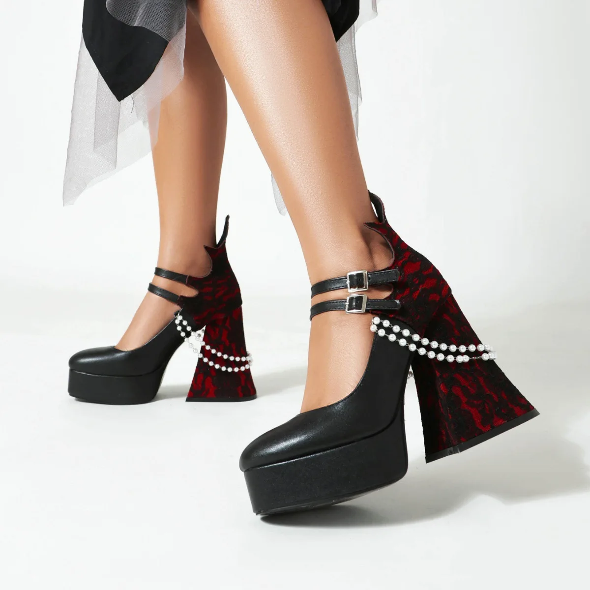 

Retro Pearl Lace Mary Jane Shoes Gothic Platform Chunky Heel Pumps Double Buckle Strap Black Patent Leather Lolita Party Shoes