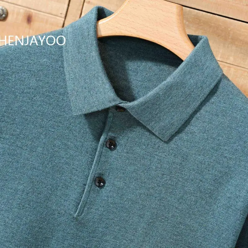 CHENJAYOO Men's Wool Sweater Short Sleeve POLO Collar Pullover Spring Summer Smart Casual Knitwear Soft Jumper T shirt